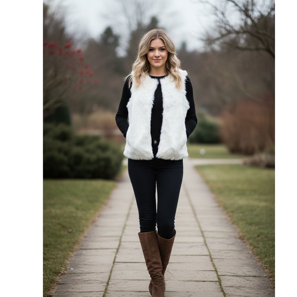 Gap Go Fur Vest Womens Sz S Ivory Faux Fur Cozy Chic Boho‎ Minimalist Open Front